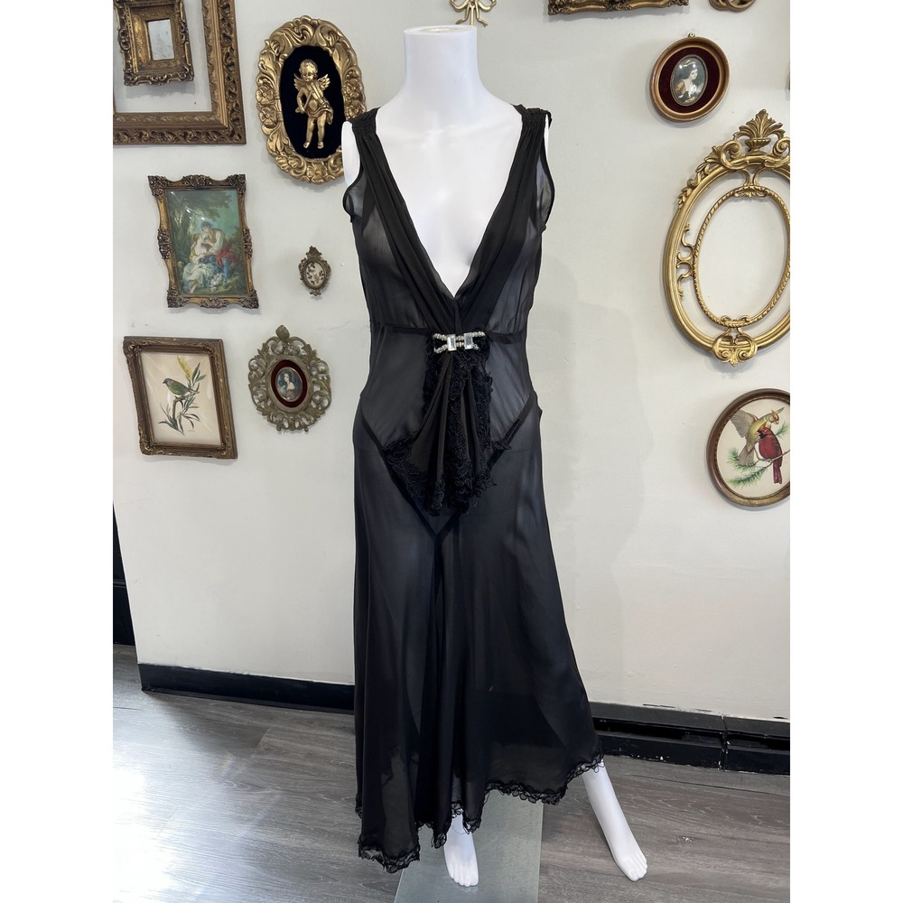 Vintage 1920s Art Deco Black Chiffon Crystal Rhinestone Lace Long Dress Size XS